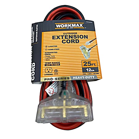 25 ft 12/3  Heavy-Duty Outdoor Orange-BLK Lighted 3 Tap Extension Cord