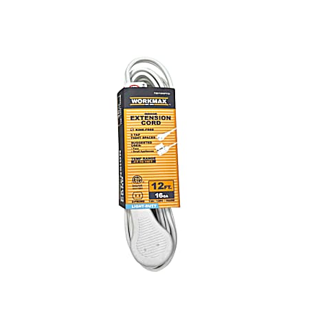 12 ft 16/2  Light-Duty Indoor White 3 Tap Tight Spaces  Extension Cord