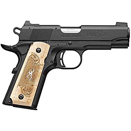 Browning 051068490 1911-22 Black Label Medallion Compact Frame 22 LR 10+1 3.63 Stainless Steel Barrel, Matte Black Serrated Slide, Matte Black Aluminum Frame w/Beavertail, Maple Medallion Grip