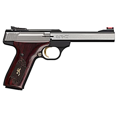 Browning 051543490 Buck Mark Medallion 22 LR 10+1 5.50 Blackened SS Slab Side Barrel, Stainless Steel Serrated SS Slide, Matte Black Aluminum Frame, Checkered Rosewood w/Gold BuckMark Inlay Grip