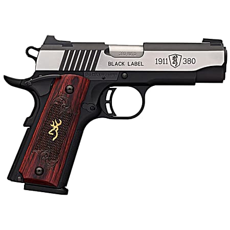 Browning 051913492 1911-380 Black Label Medallion Pro Compact 380 ACP 8+1, 3.63 Target Crown Steel Barrel, Blackened w/Silver Polished Flats Serrated SS Slide, Matte Black Polymer Frame w/Beavertail