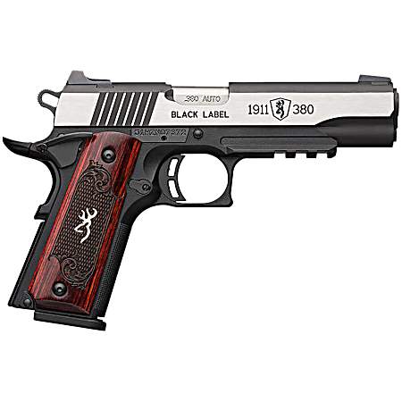 Browning 051971492 1911 Black Label Medallion Pro 380 ACP 8+1 4.25 Target Crown Barrel, Blackened w/Silver Polished Flats Serrated SS Slide, Matte Black Polymer Frame w/Beavertail & Picatinny Rail