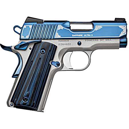 Kimber Mfg, Inc 3200273 Ultra II  9mm Luger 8+1 3 Stainless Match Grade Barrel, Engraved Sapphire Blue PVD Serrated Stainless Steel Slide, Satin Silver Aluminum Frame w/Beavertail, G10 Grip
