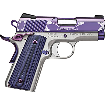 Kimber Mfg, Inc 3200319 Ultra II  9mm Luger 8+1 3 Stainless Match Grade Barrel, Engraved Purple Amethyst PVD Serrated Stainless Steel Slide, Satin Silver Aluminum Frame w/Beavertail, G10 Grip