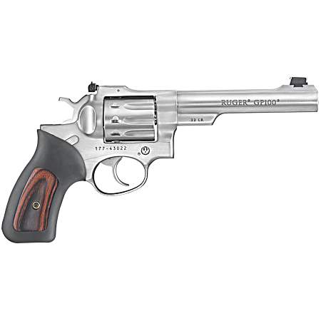 Ruger 1757 GP100  Medium Frame 22 LR 10rd 5.50 Satin Stainless Barrel, Frame & Cylinder, Black Rubber w/Wood Insert Grip, Transfer Bar Safety, Exposed Hammer