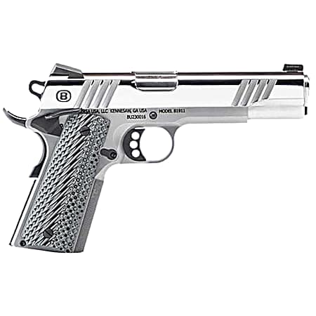 Bersa B19117050PMBG B1911 Mirror Full Size Frame 45 ACP 8+1 5 Stainless Steel Barrel, Polished Stainless Serrated Steel Slide, Stainless Steel Frame w/Beavertail, Gray VZ Grip, Ambidextrous