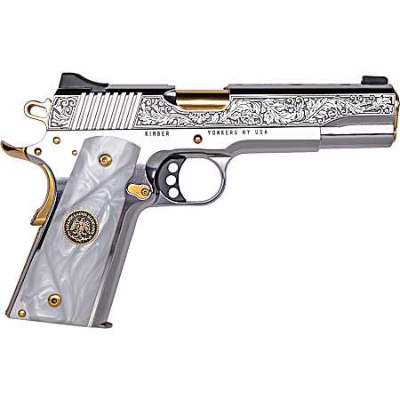 Cnc Firearms CNCPATRIA Kimber 1911 Patria 38 Super 9+1 Gold Plated PVD Barrel, Polished Stainless Steel Engraved/Serrated Slide, Stainless w/Gold Accents Frame, Pearl Grip