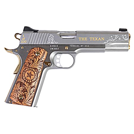 Cnc Firearms CNCTEX1911 Kimber 1911 Texan 45 ACP 7+1 5 Stainless Steel Barrel, Stainless Engraved The Texan/Serrated Steel Slide, Stainless Steel Frame, Texas Mesquite Grip