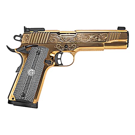 Girsan 390093 MC1911 S Lux 45 ACP 8+1 5 Gold Plated PVD Steel Barrel, Gold Finish Engraved Serrated w/Engraving Steel Slide, Gold Plated Steel Frame, Black G10 Grip