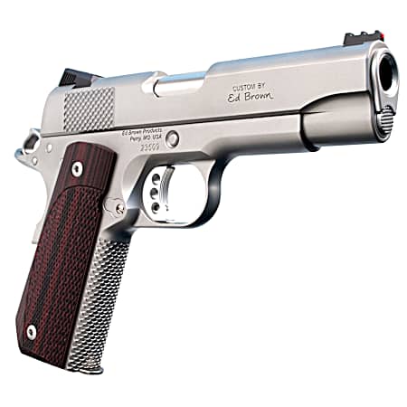 Ed Brown KC18SS 1911 Kobra Carry Serrated Frame 45 ACP 7+1 4.25 Stainless Recessed Crown Barrel, Matte Stainless Serrated Steel Slide & Frame, Laminate Wood Grip, Right Hand