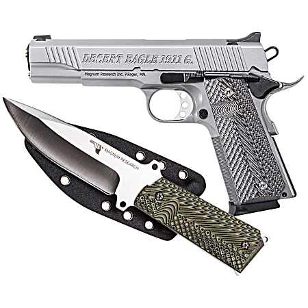 Magnum Research DE1911GSS-K Desert Eagle 1911  w/ 1911 Fixed Blade Knife 45 ACP 8+1 5.01 Stainless Steel Slide Matte Stainless Steel Black/Gray G10 Grip