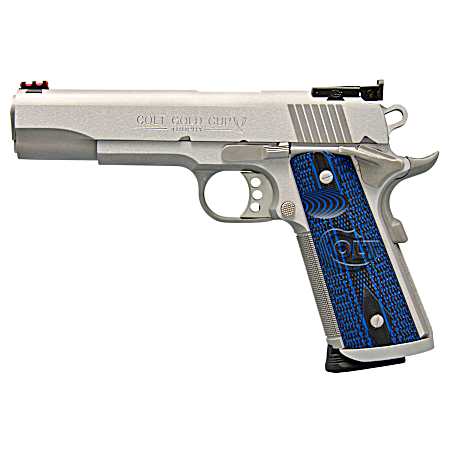 Colt Mfg O5073XE Gold Cup Trophy 38 Super 9+1 5 Stainless National Match Barrel, Stainless Steel Serrated Slide & Frame w/Beavertail, Blue Scalloped G10 Grip, Ambidextrous