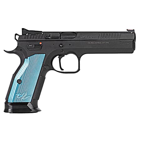 CZ-USA 91222 TS 2  40 S&W 17+1 5.28 Black Steel Barrel, Black Serrated Steel Slide, Black Polycoat Steel Frame w/Beavertail, Blue Checkered Aluminum Grip, Ambidextrous