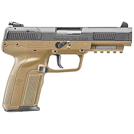 FN 3868929352 Five-seveN *CA Compliant 5.7x28mm 10+1 4.80 Black Steel Barrel, Black Serrated Steel Slide & Polymer Frame w/Picatinny Rail, FDE Textured Polymer Grip, Ambidextrous