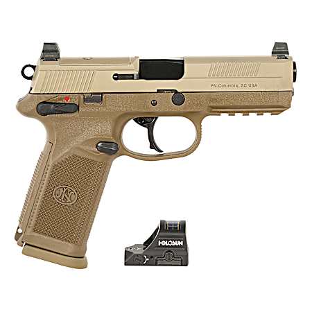 FN 66102272 FNX w/Optic 45 ACP 10rd 5.30 Black Steel Barrel, Flat Dark Earth Optic Ready/Serrated Stainless Steel Slide & Polymer Frame w/Picatinny Rail, Holosun 407C Red Dot, 5 Mags, Ambidextrous