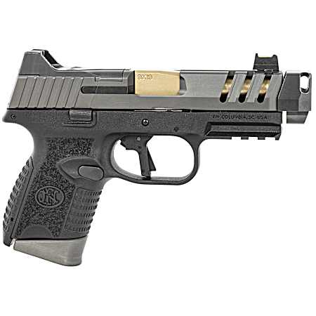 FN 66101350 509 CC Edge 9mm Luger 10+1 (3) 4.20 Threaded Gold Barrel, Black Frame, Graphite Optic & Lightening Cut Slide, Optic Height Fiber Optic Sights, Compensator (No Manual)