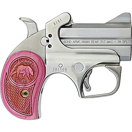 Bond Arms BAMB Mama Bear  357 Mag/38 Special 2rd 2.50 Stainless Steel Double Barrel & Frame, Auto Extractors & Rebounding Hammer, Blade Front/Fixed Rear Sights, Pink Wood Grip, Manual Safety