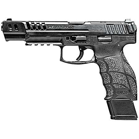HK 81000935 VP9 Match 9mm Luger 15+1 5.51 Polygonal Rifled Barrel, Black Optic Ready/Serrated w/Ports Slide & Frame w/Picatinny Rail, Black Finger Grooved Polymer Grips, Ambidextrous