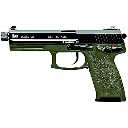 HK 81001074 Mark 23  45 ACP 12+1 5.87 Black Threaded Barrel, Black Cerakote Serrated Steel Slide, OD Green Polymer Frame w/Accessory Rail, Textured Grip