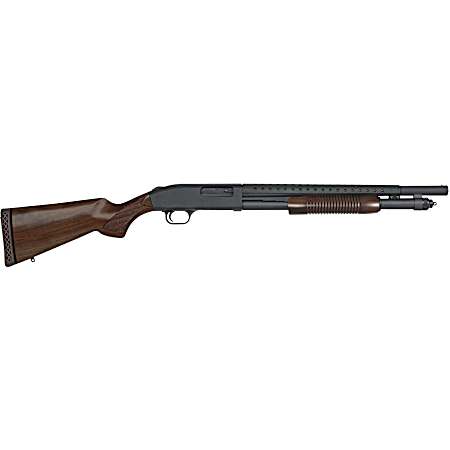 Mossberg 52151 590 Retrograde 12 Gauge Pump 3 6+1 18.50 Matte Blued Heat Shield Barrel, Matte Blued Stainless Steel Drilled & Tapped Receiver, Walnut Fixed  Stock, Cylinder Bore Choke
