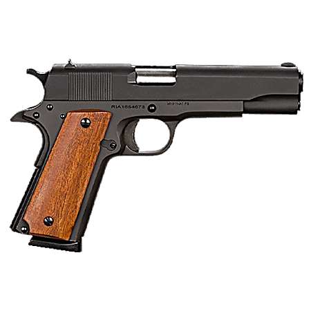 Rock Island 51421MA GI Standard FS *MA Compliant 45 ACP Caliber with 5 Barrel, 8+1 Capacity, Overall Black Parkerized Finish Steel, Beavertail Frame, Serrated Slide & Wood Grip