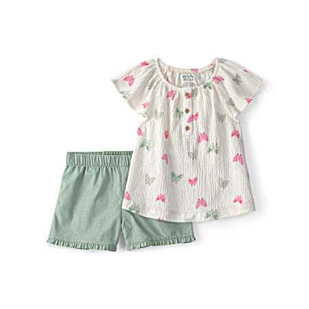 Toddlers' Ivory/Green Butterfly Short Set - 2 Pc