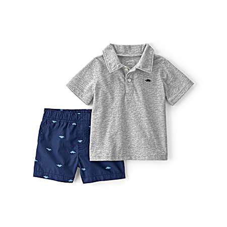 Toddlers' Grey/Blue Dino Short Set - 2 Pc