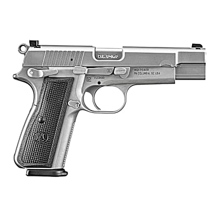 FN 66101116 High Power  9mm Luger 10+1 4.70 Black Target Crown Steel Barrel, Stainless PVD Serrated Steel Slide, Matte Stainless Steel Frame w/Beavertail, Black Textured Polymer Grip, Ambidextrous