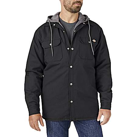 Men's Black Hooded Snap Front Long Sleeve Shirt Jacket