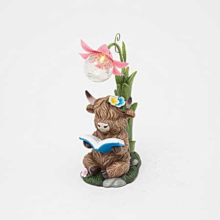 Highland Cow under Crackle Ball Flower Solar Statue