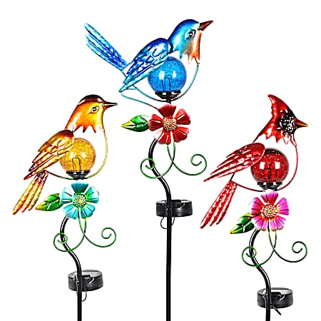 Metal Bird with Crackle Ball Solar Stake Assorted