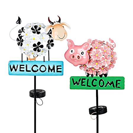 Cow/Pig with Flowers & Welome Sign Solar Stake Assorted