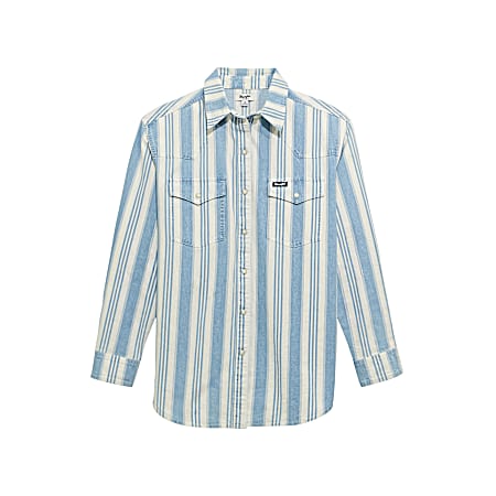 Women's Blue Snap Front Long Sleeve Camp Shirt