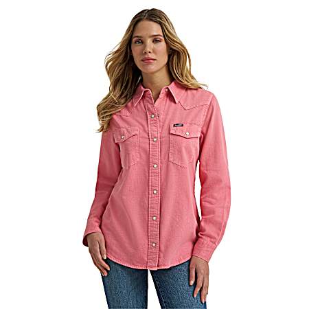 Women's Pink Retro Snap Front Long Sleeve Shirt