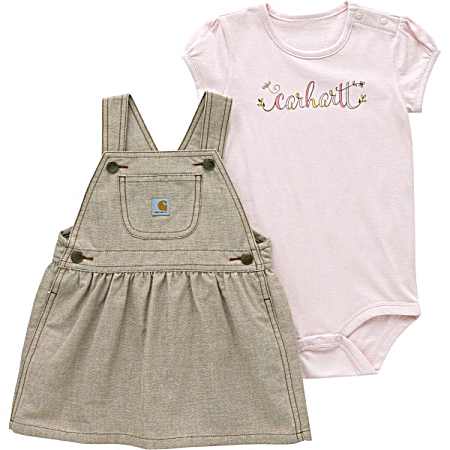 Infant Girls' Pink/Brown Canvas Jumper Set - 2 Pc