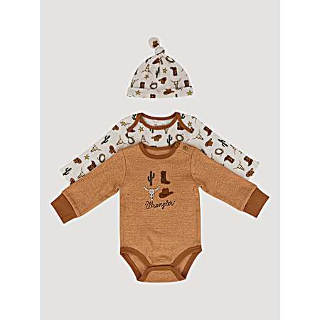 Infant Boys Sandstone Cowboy Long Sleeve Bodysuit/Hat Set - 3 Pc