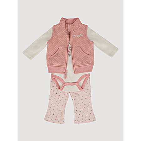 Infant Girls Coral Blush Farm Girl Quilted Vest Set - 3 Pc