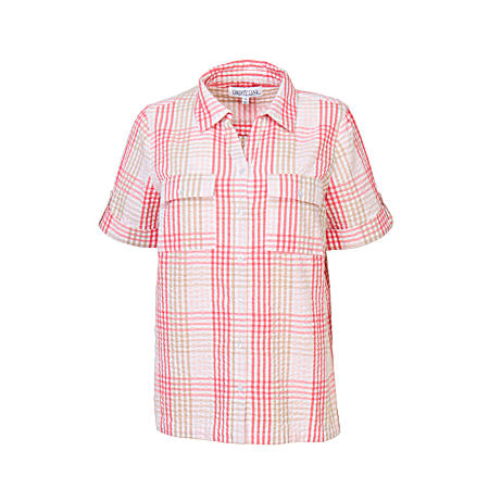 Women's Roll Tab Short Sleeve Button Front Seer Sucker Shirt