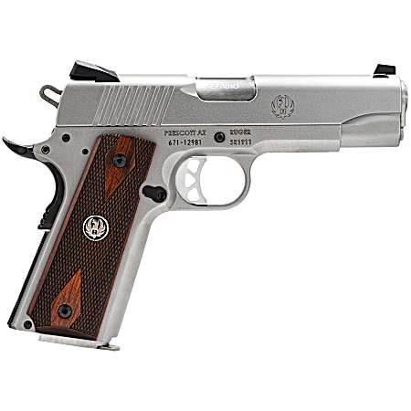 Ruger 6702 SR1911 Commander-Style 45 ACP 7+1 4.25 Stainless Steel Barrel, Serrated Stainless Steel Slide, Stainless Steel Frame w/Beavertail, Hardwood Grip