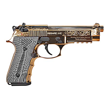 EAA GIRSAN 390088 Regard MC Deluxe 9mm Luger 18+1, 4.90 Stainless Steel Barrel, Gold Plated Serrated w/Engraving Steel Slide & Aluminum Frame w/Picatinny Rail, Black G10 Grip, Ambidextrous