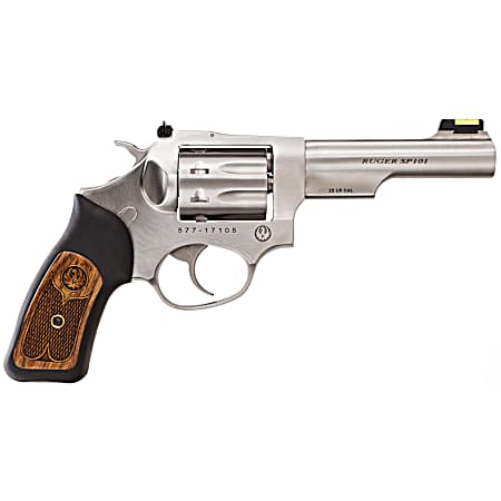 Ruger 5765 SP101  22 LR 8rd 4.20 Satin Stainless Steel Barrel, Cylinder & Frame, Black Rubber w/Wood Insert Grip, Transfer Bar Safety, Exposed Hammer