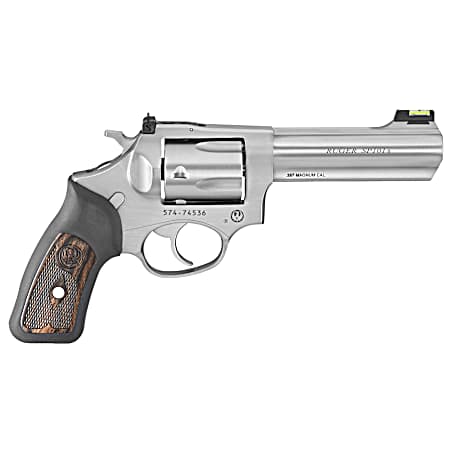 Ruger 5771 SP101  357 Mag 5rd 4.20 Satin Stainless Steel Barrel, Cylinder & Frame, Black Rubber w/Wood Insert Grip, Transfer Bar Safety, Exposed Hammer