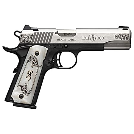 Browning 051966492 1911 Black Label Medallion Full Size Frame 380 ACP 8+1 4.25 Matte Stainless Steel Barrel & Serrated Slide, Matte Black Polymer Frame w/Beavertail, White Imitation Pearl Grip