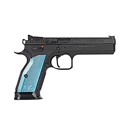CZ-USA 91220 TS 2  9mm Luger 20+1 5.28 Blued Steel Barrel, Black Serrated Steel Slide, Black Polycoat Steel Frame w/Beavertail, Blue Checkered Aluminum Grip, Ambidextrous