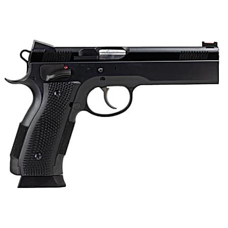 CZ-USA 91731 A01-LD  Full Size Frame 9mm Luger 19+1 4.93 Black Match Grade Bull Barrel, Blued Serrated Steel Slide, Blued Steel Frame w/Beavertail, Black Checkered Polymer Grip