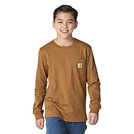 Little Kids Brown Pocket Long Sleeve Shirt