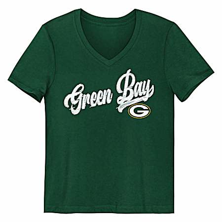 Kids Green Bay Packers White Glitter Puff Print Short Sleeve Shirt