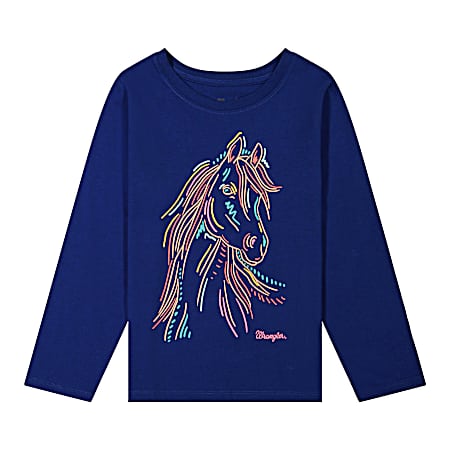 Girls' Blue Horse Graphic Long Sleeve Shirt