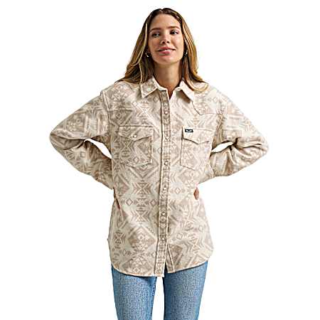 Women's Cream Boyfriend Snap Front Long Sleeve Shirt