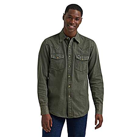 Men's Green Denim Colorwash Western Snap Front Long Sleeve Shirt